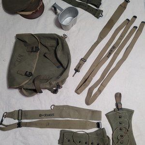 WWll Apparel (backpack, dress cap, straps, first aid kit, leggings, canteen)